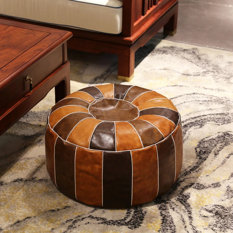 Trendy Moroccan PU Leather Pouf Home Embroider Craft Hassock Ottoman Footstool Round Artificial Leather Unstuffed Cushion Cover