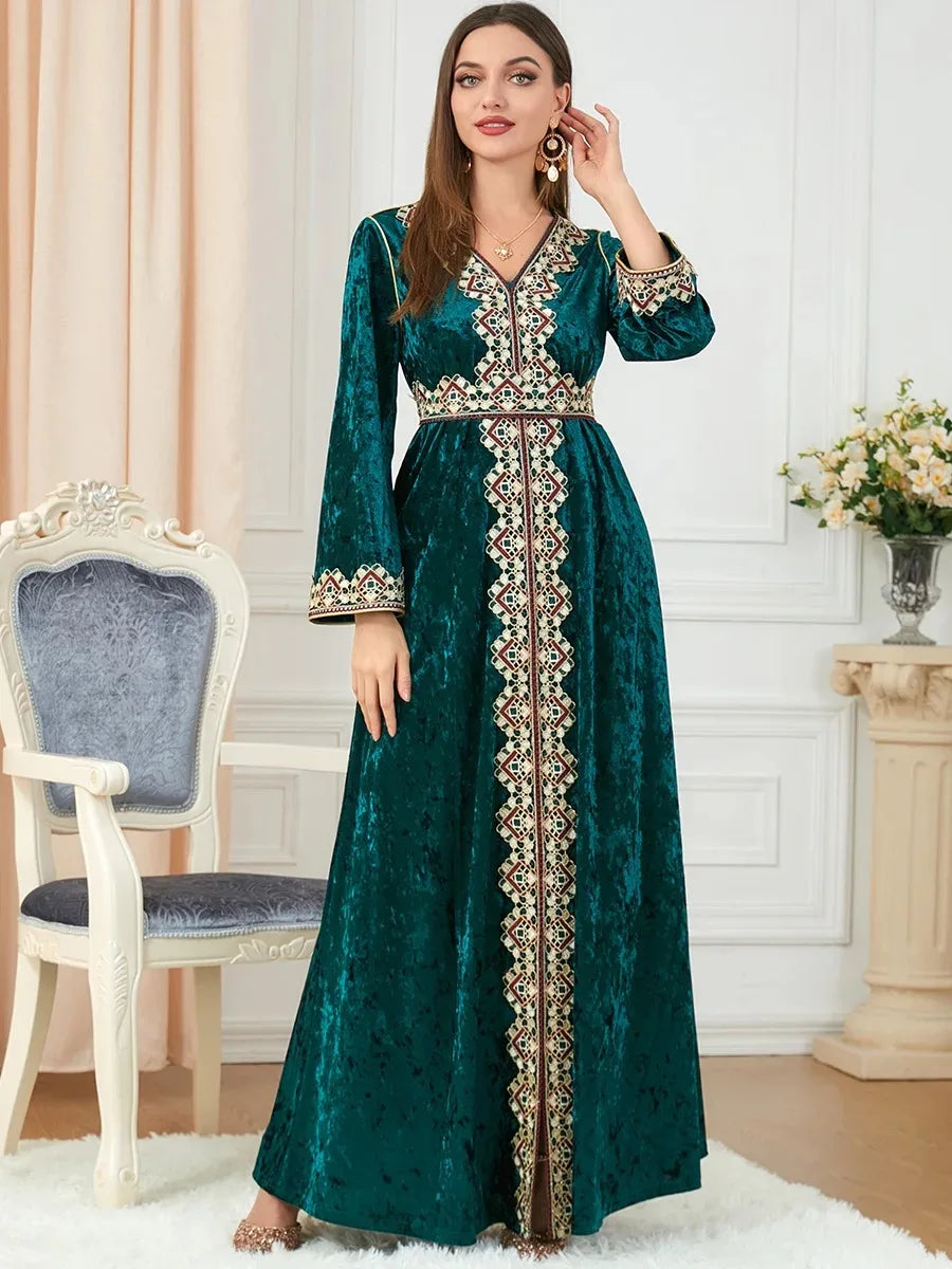 Dubai Velvet Arabian Dress Women Kimono Jubah Long Robe, with a hint of elegance and comfort.