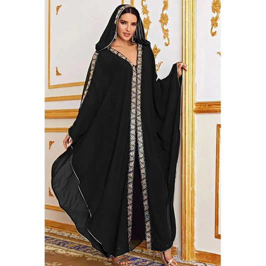 Abaya Morocco Kaftan Dubai Hooded Maxi Dress Butterfly Sleeve. Kaftan Women Arabian Open Kimono Boubou Evening Long Gown