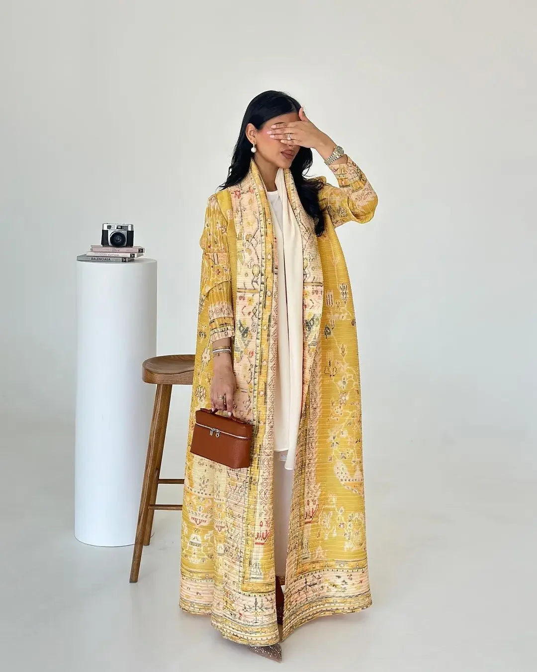 Autumn Women's Long Coat, Retro Printed Long Sleeved Arabian Abaya Wrinkled Waist Belt