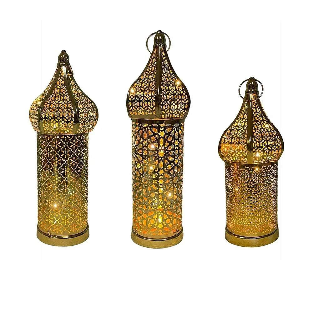 1pc Moroccan Golden Hollow Iron Lantern Home Decoration Light Ornaments Without Batteries Crafts Decor