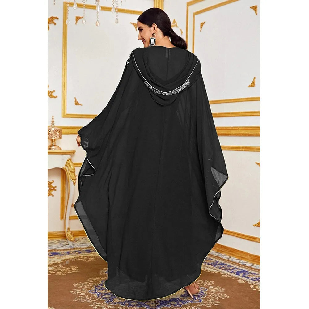 Abaya Morocco Kaftan Dubai Hooded Maxi Dress Butterfly Sleeve. Kaftan Women Arabian Open Kimono Boubou Evening Long Gown