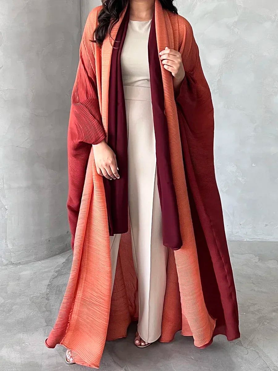 Muslim Abaya for Women Bat Sleeve Pleated Gradient Cardigan Trench CoatAutumn Dubai Abayas, Women's Luxury Coat.