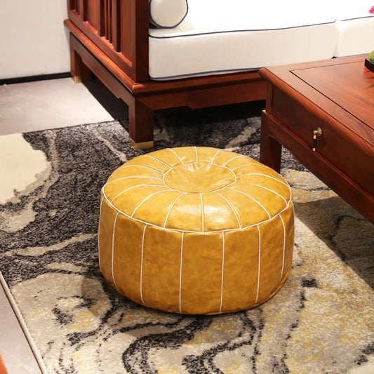 Trendy Moroccan PU Leather Pouf Home Embroider Craft Hassock Ottoman Footstool Round Artificial Leather Unstuffed Cushion Cover