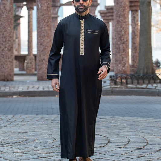 Arabian men's robe long sleeve embroidered stand collar thobe