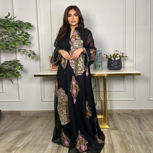 Beautiful & elegant, mesh Sequins Embroidered Abaya Dress for Women Winter 2025 Middle East Arab Oman Dubai Muslim Moroccan Caftan Party Clothes Eid