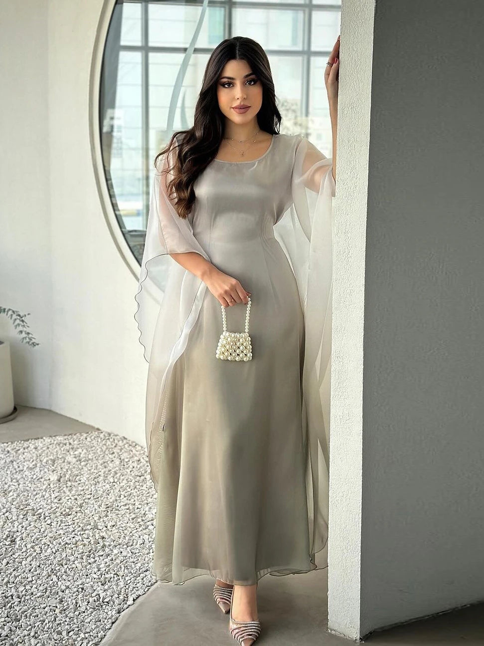 Arabian Satin Party Dubai Dress for Women Bat sleeves