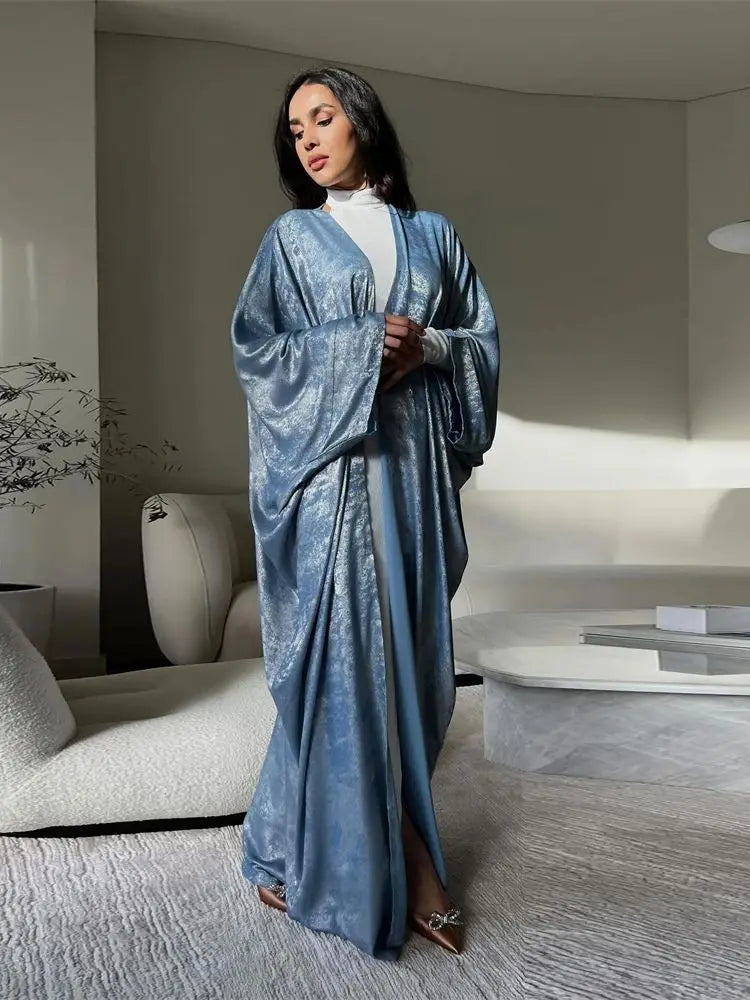 Shiny Batwing Satin Open Kimono Abaya Dubai Luxury 2024