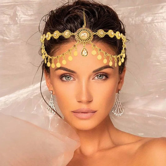 Arabian Crystal Forehead Headpiece Gold Color Alloy Hollowed Rhinestone Coin Tassel Head Chain