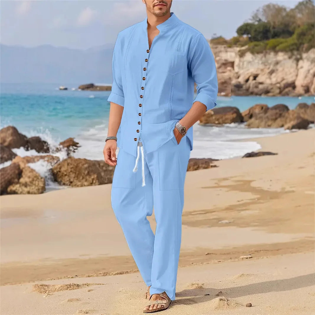 2025 Spring and autumn Dubai style fashion men's shirt trend casual multi-button stand collar loose long sleeve pants beach suit