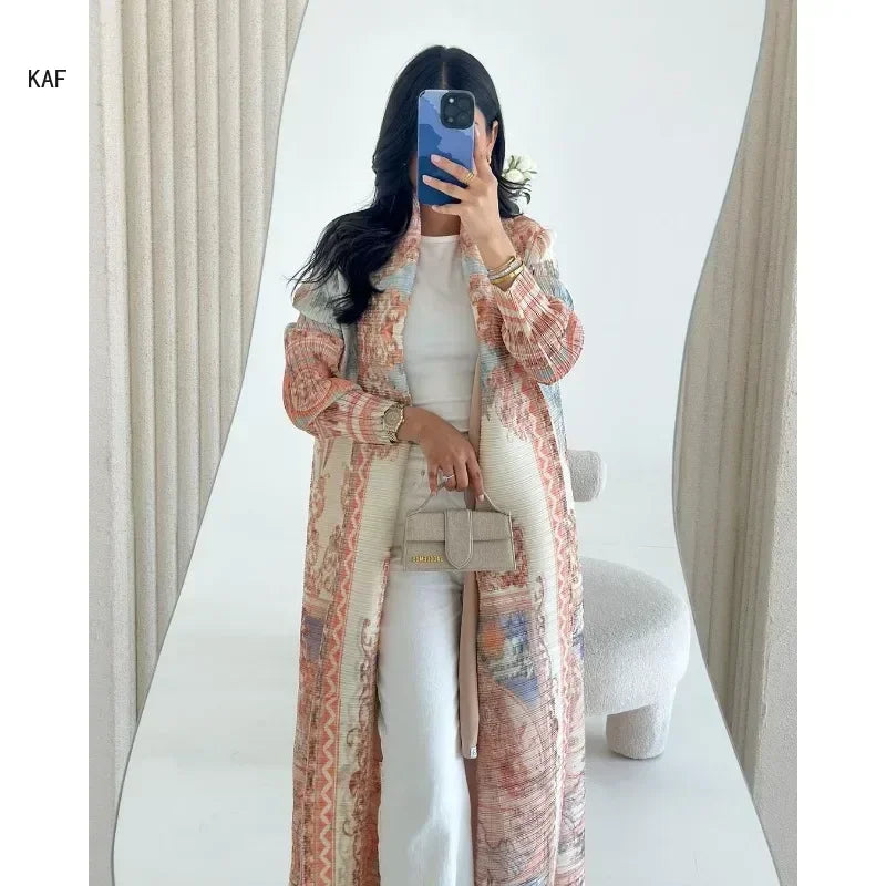 Autumn Women's Long Coat, Retro Printed Long Sleeved Arabian Abaya Wrinkled Waist Belt