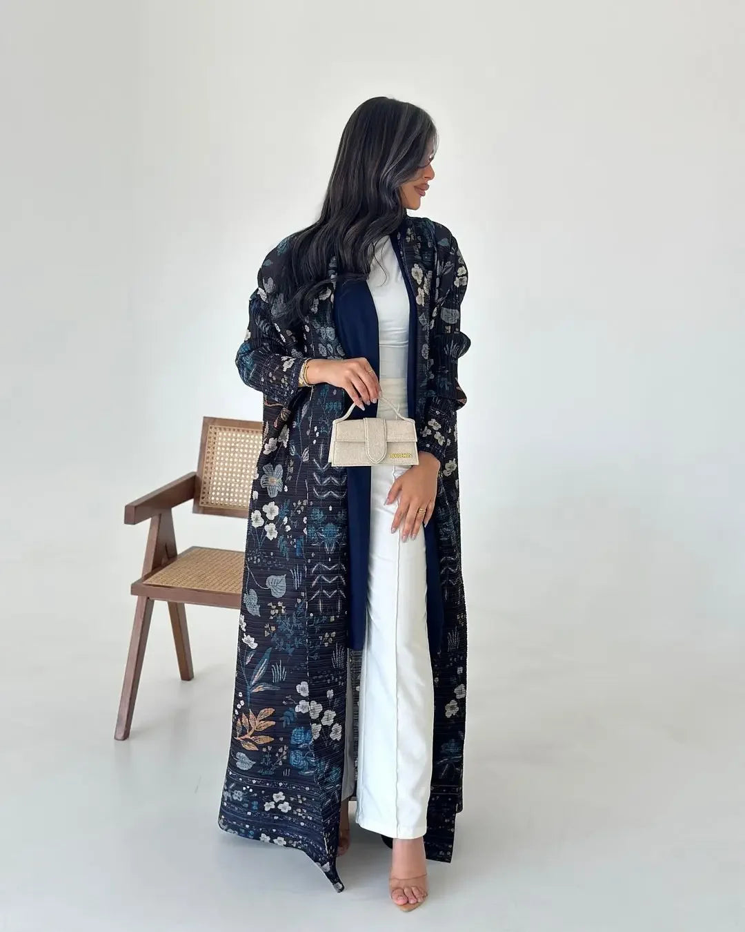 Autumn Women's Long Coat, Retro Printed Long Sleeved Arabian Abaya Wrinkled Waist Belt