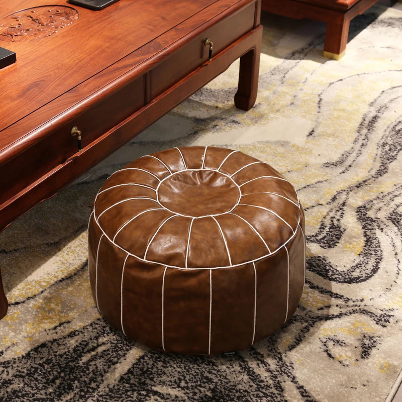 Trendy Moroccan PU Leather Pouf Home Embroider Craft Hassock Ottoman Footstool Round Artificial Leather Unstuffed Cushion Cover