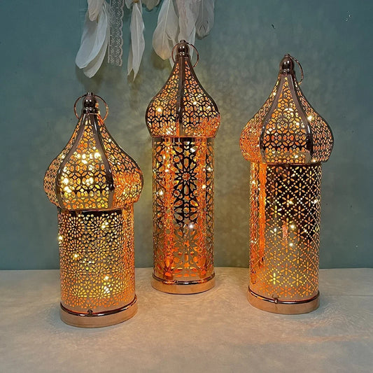 1pc Moroccan Golden Hollow Iron Lantern Home Decoration Light Ornaments Without Batteries Crafts Decor