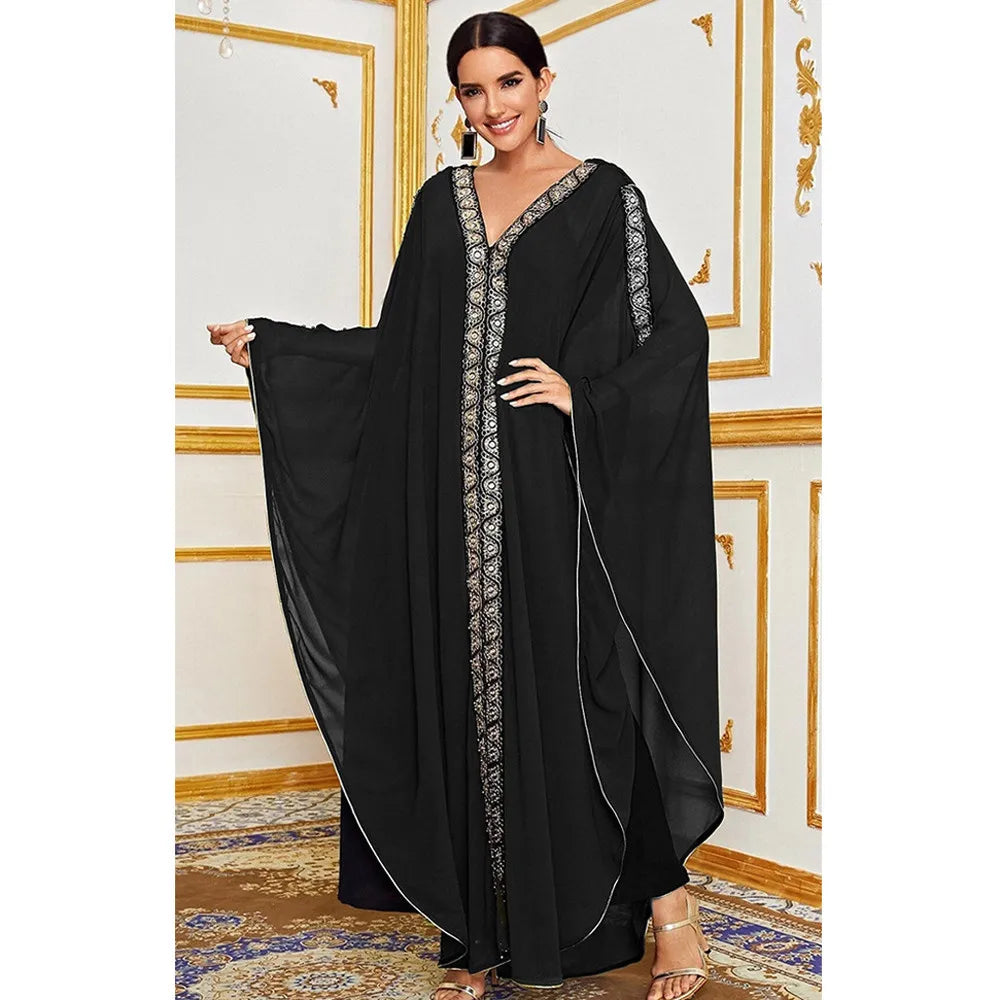 Abaya Morocco Kaftan Dubai Hooded Maxi Dress Butterfly Sleeve. Kaftan Women Arabian Open Kimono Boubou Evening Long Gown