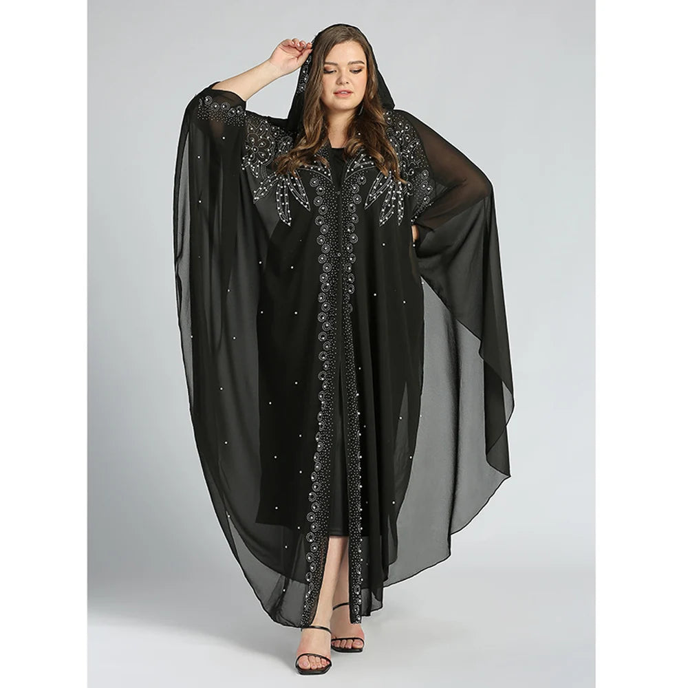 Abaya Morocco Kaftan Dubai Hooded Maxi Dress Butterfly Sleeve. Kaftan Women Arabian Open Kimono Boubou Evening Long Gown