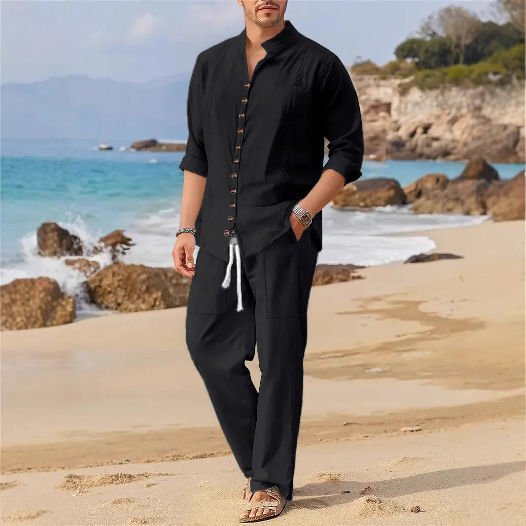 2025 Spring and autumn Dubai style fashion men's shirt trend casual multi-button stand collar loose long sleeve pants beach suit