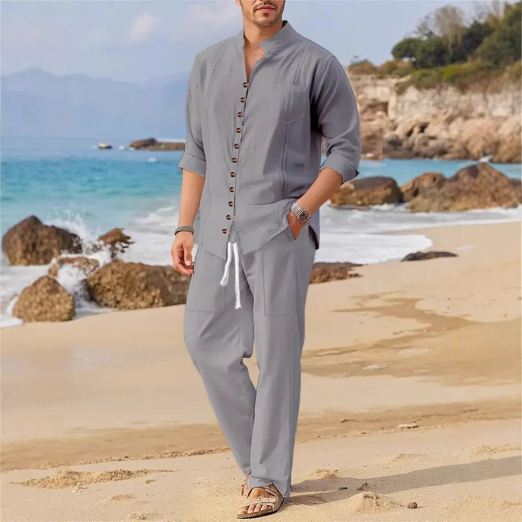 2025 Spring and autumn Dubai style fashion men's shirt trend casual multi-button stand collar loose long sleeve pants beach suit