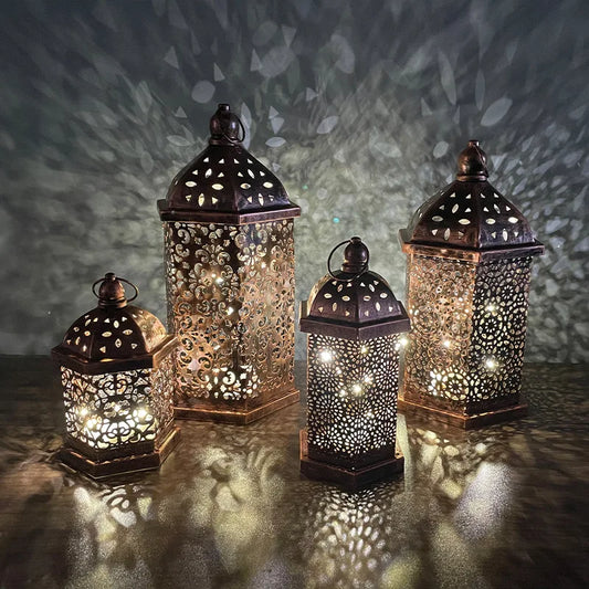 New Vintage Iron Hollowed-out Wind Lamp Arabian Decoration Tabletop Decoration Atmosphere Props Led Small Lantern