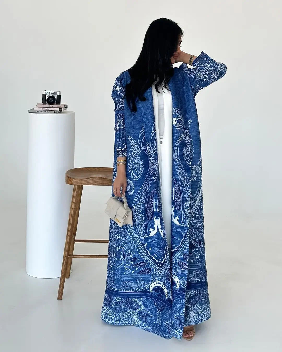 Autumn Women's Long Coat, Retro Printed Long Sleeved Arabian Abaya Wrinkled Waist Belt