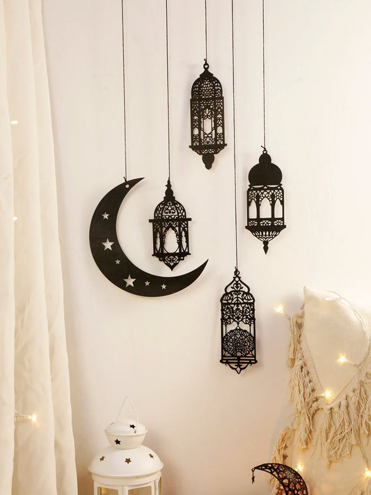 Islamic Moon and Lantern Wall Hanging - Black Wooden Laser-Cut Crescent Moon with Stars Tassels，Eid Home Decor Moroccan Lanterns