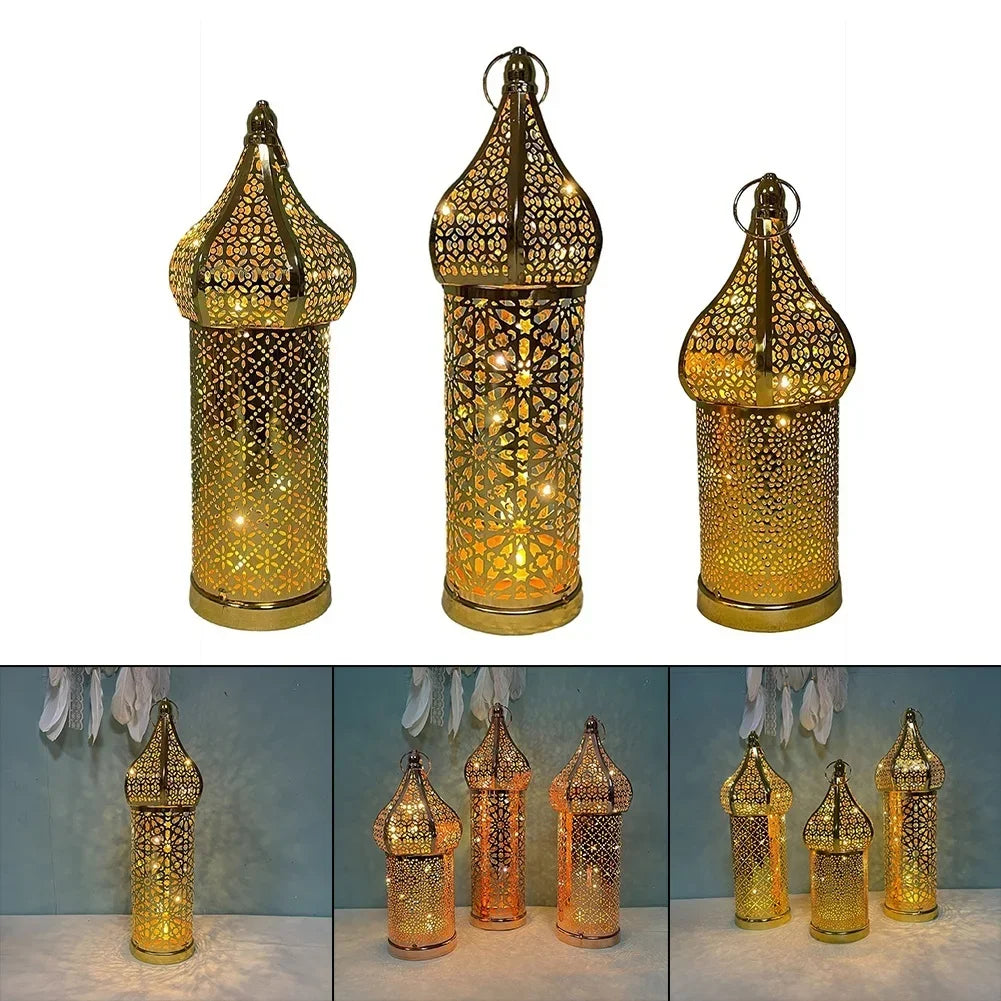 1pc Moroccan Golden Hollow Iron Lantern Home Decoration Light Ornaments Without Batteries Crafts Decor