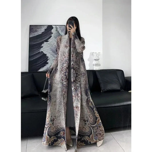 Women Luxury Abaya 2025 Spring and Autumn Vintage Printed Cardigan Design Loose Large Size Long Jacket Arabian Female Abaya