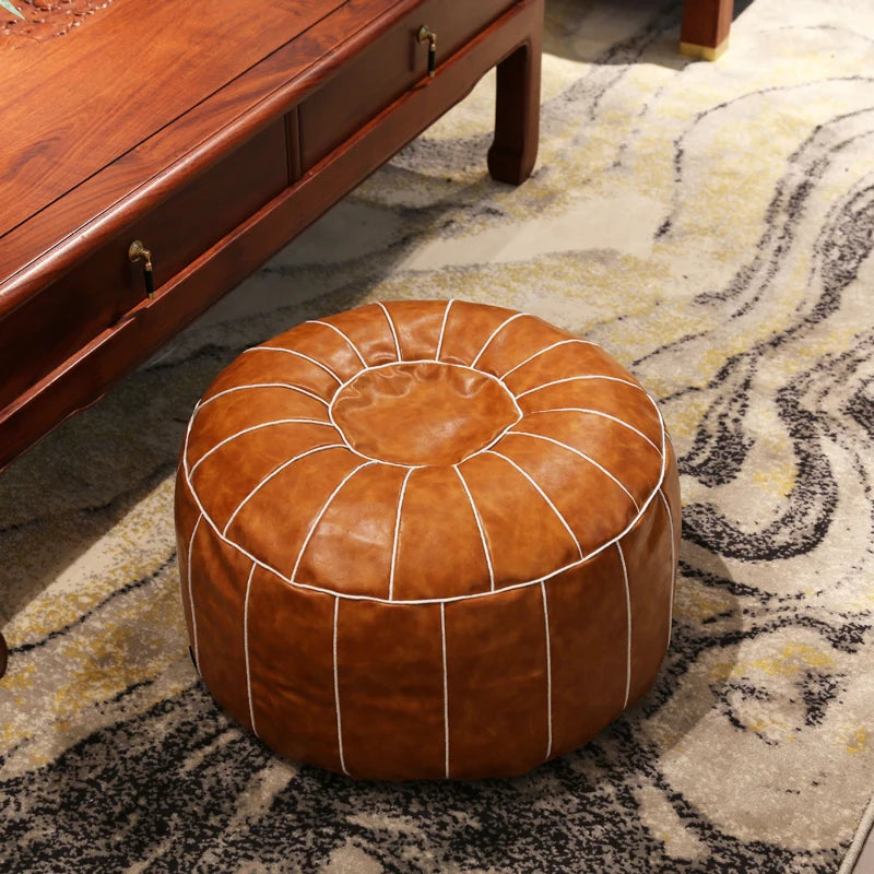 Trendy Moroccan PU Leather Pouf Home Embroider Craft Hassock Ottoman Footstool Round Artificial Leather Unstuffed Cushion Cover