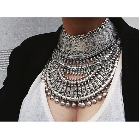 Arabian Collar Necklaces for Women Big Chunky Tibetan Silver Metal Necklace.