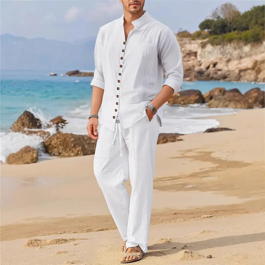 2025 Spring and autumn Dubai style fashion men's shirt trend casual multi-button stand collar loose long sleeve pants beach suit