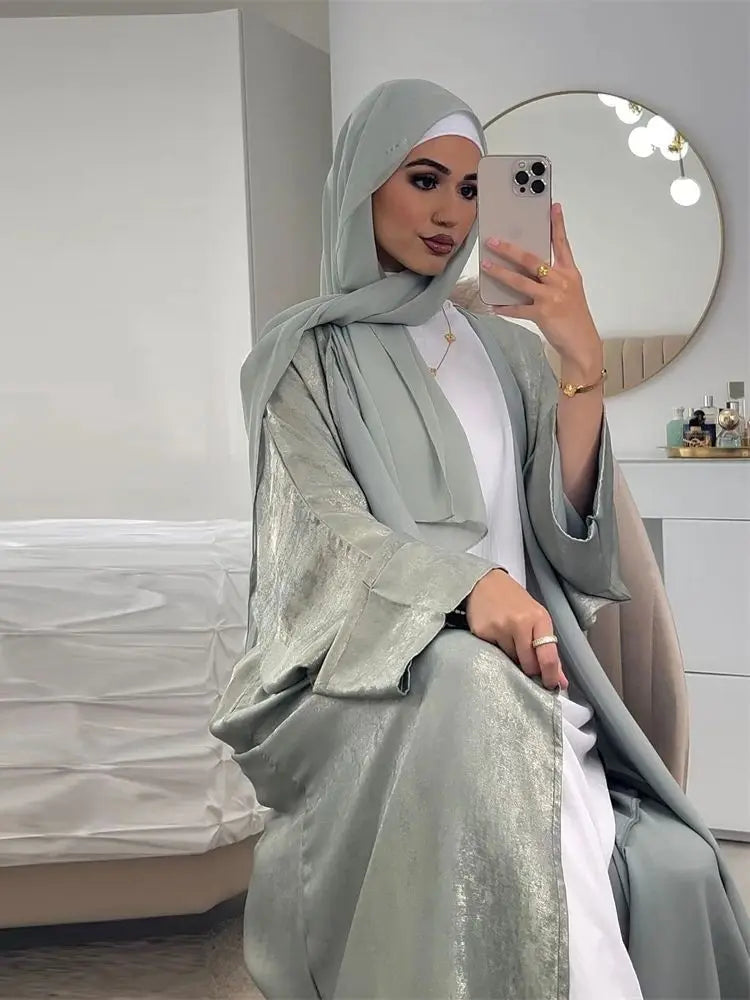 Shiny Batwing Satin Open Kimono Abaya Dubai Luxury 2024